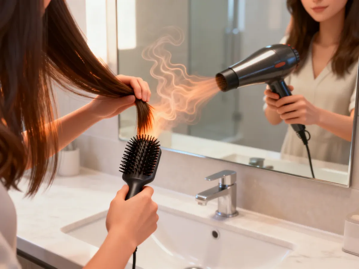 Blow-drying hair on a round brush to lift the roots