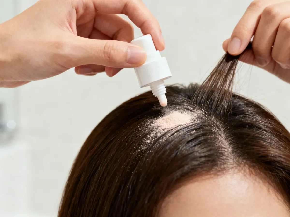 A person applying volumizing hair powder with a pump to the roots of dry hair