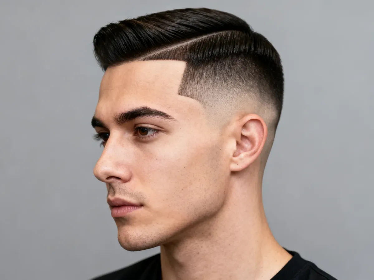 Low fade z wyraźnym przedziałkiem i precyzyjnym line-upem