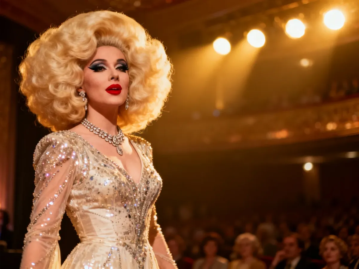 Violetta Villas-inspired singer with voluminous blonde curls performing on a glamorous stage