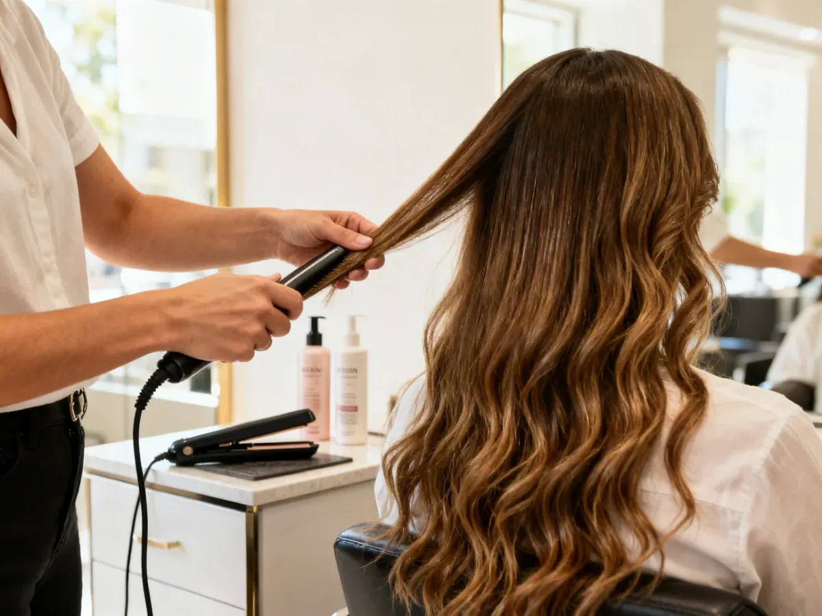 Stylist applying a keratin smoothing treatment to a client’s hair in a bright salon