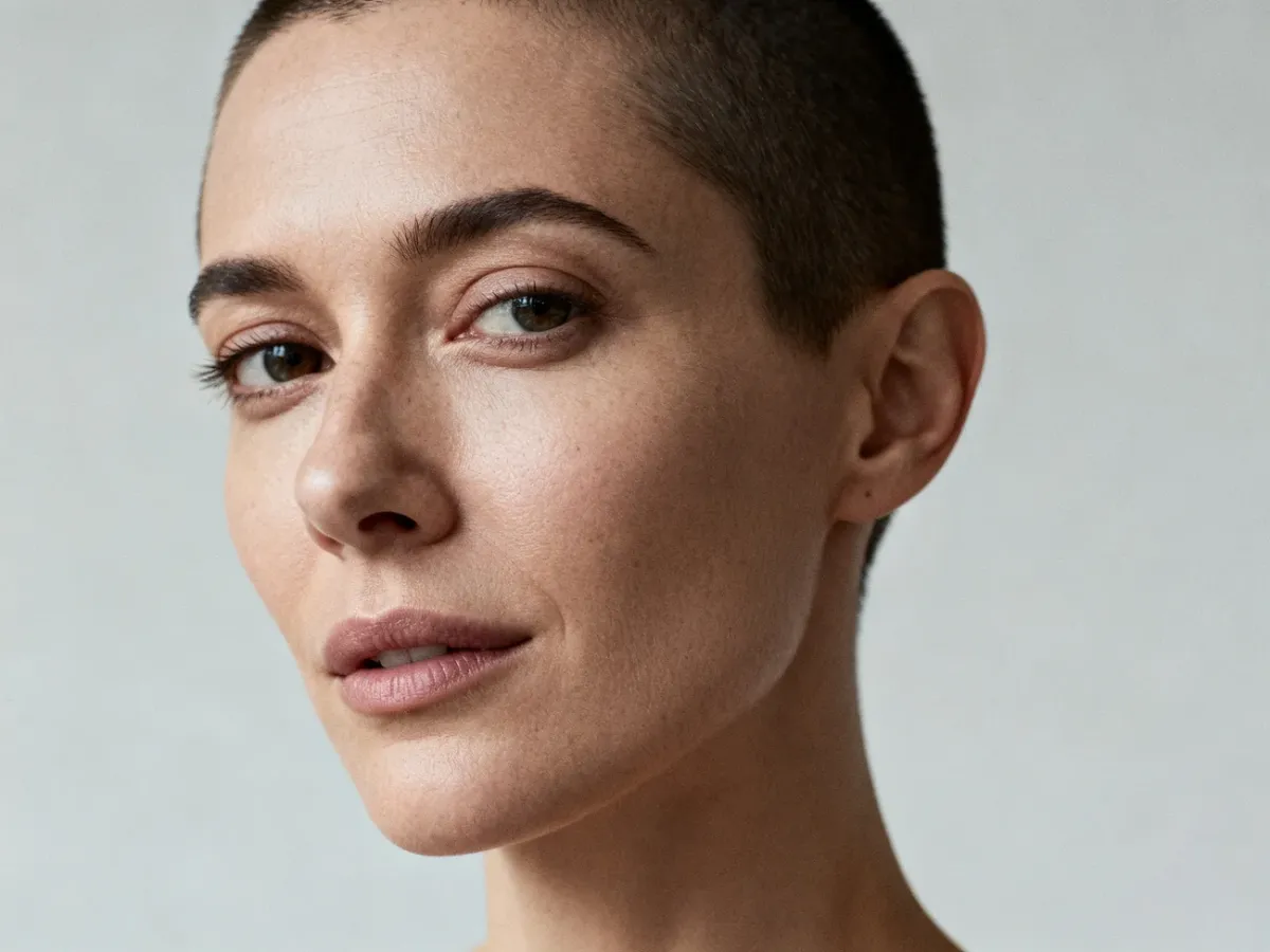 Kobieta z bardzo krótkim, minimalistycznym buzz cutem