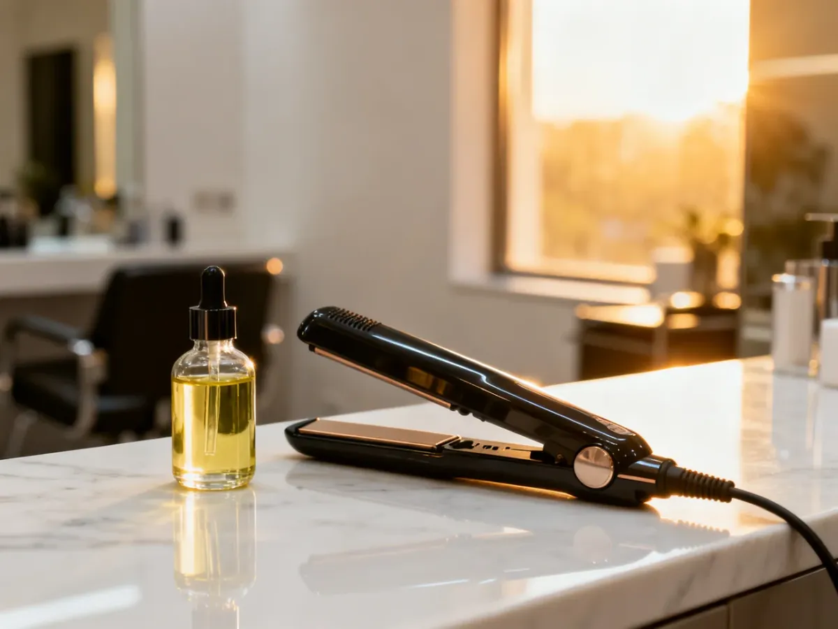 Nowoczesna prostownica i serum do włosów na marmurowym blacie w luksusowym salonie fryzjerskim.