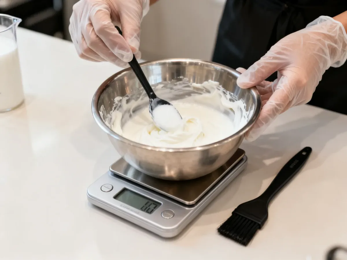 Odmierzanie farby i oksydantu na wadze kuchennej przed farbowaniem odrostu