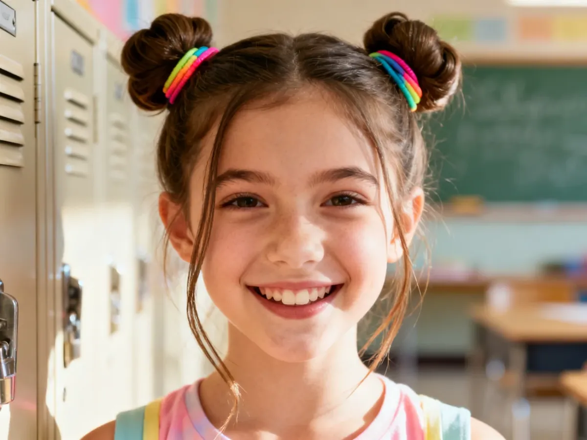 Dziewczynka z dwoma wesołymi koczkami space buns