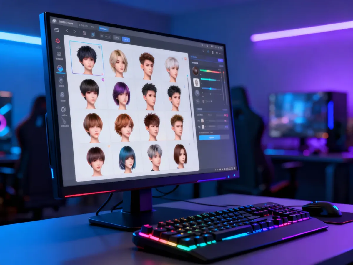 Ekran komputera z kreatorem postaci w grze The Sims 4 oraz podświetlana klawiatura gamingowa w wieczornym nastroju.