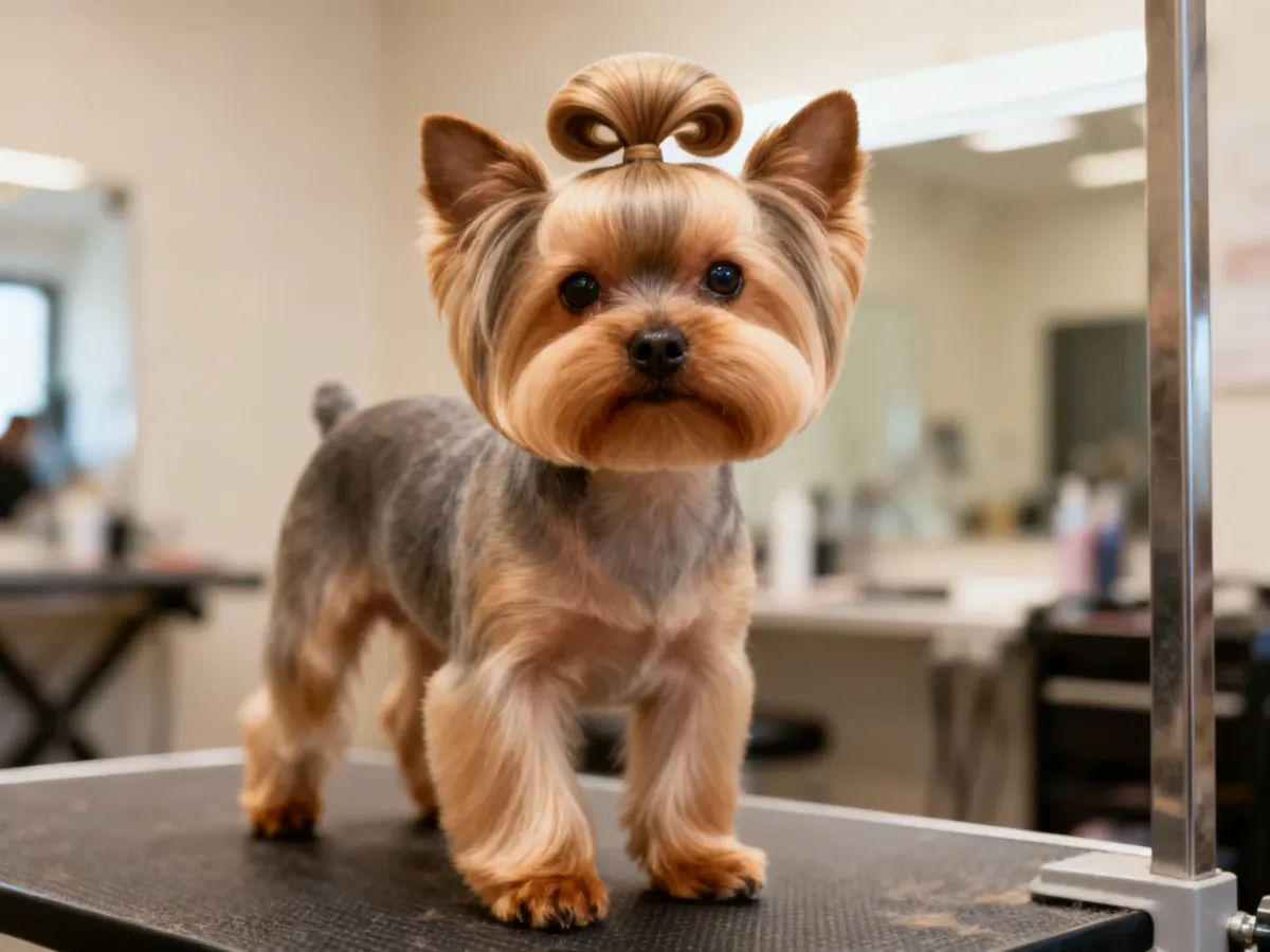 Yorkshire Terrier with a carefully balanced decorative haircut in a grooming salon