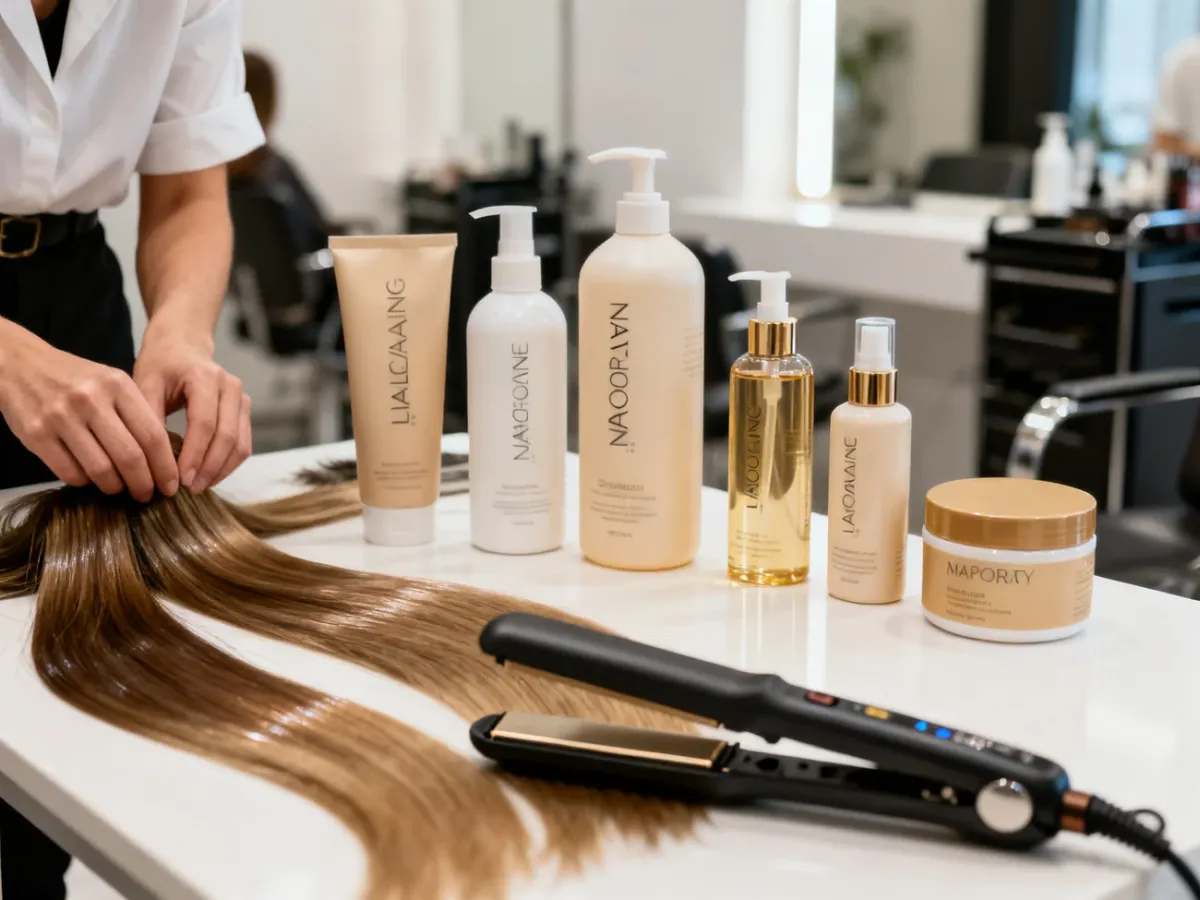 Zestaw produktów do nanoplastii przygotowany na stanowisku fryzjerskim