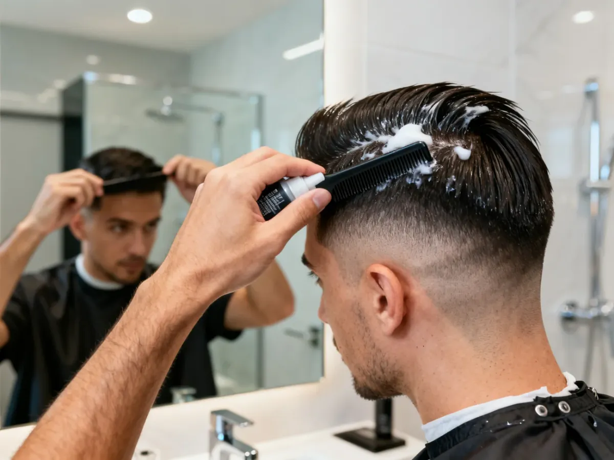 Mężczyzna układający fryzurę skin fade przed lustrem