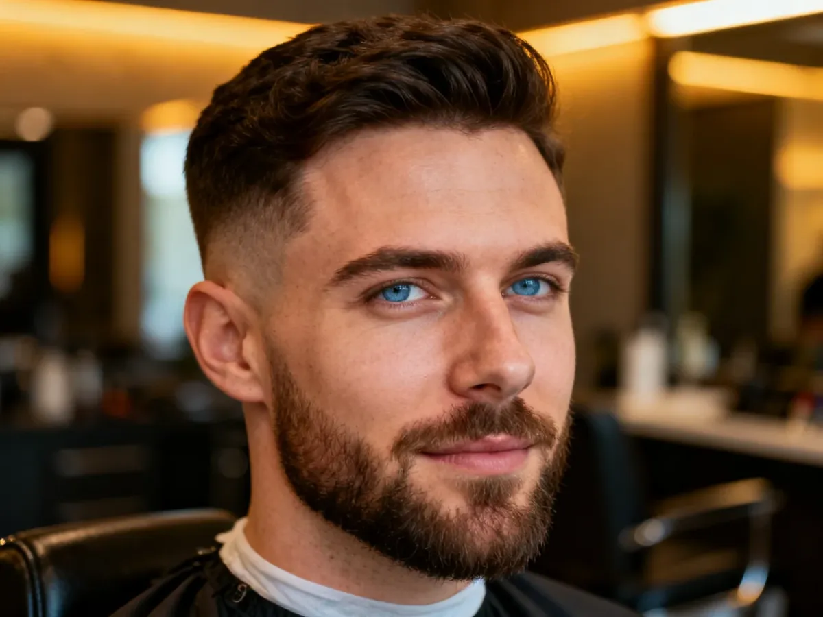 Mężczyzna z nowoczesną fryzurą typu fade i zadbaną brodą w profesjonalnym salonie fryzjerskim.