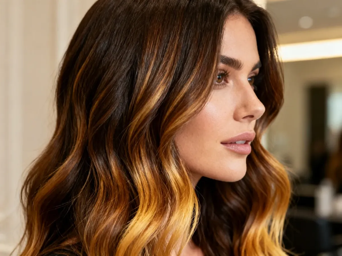 Długie falowane włosy brunetki z naturalnym karmelowym balayage