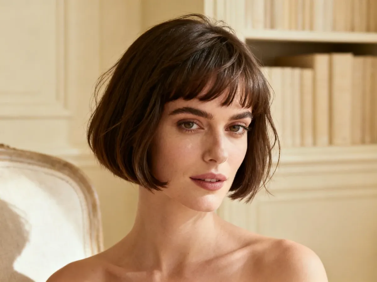 French bob z lekką grzywką i naturalnym wykończeniem