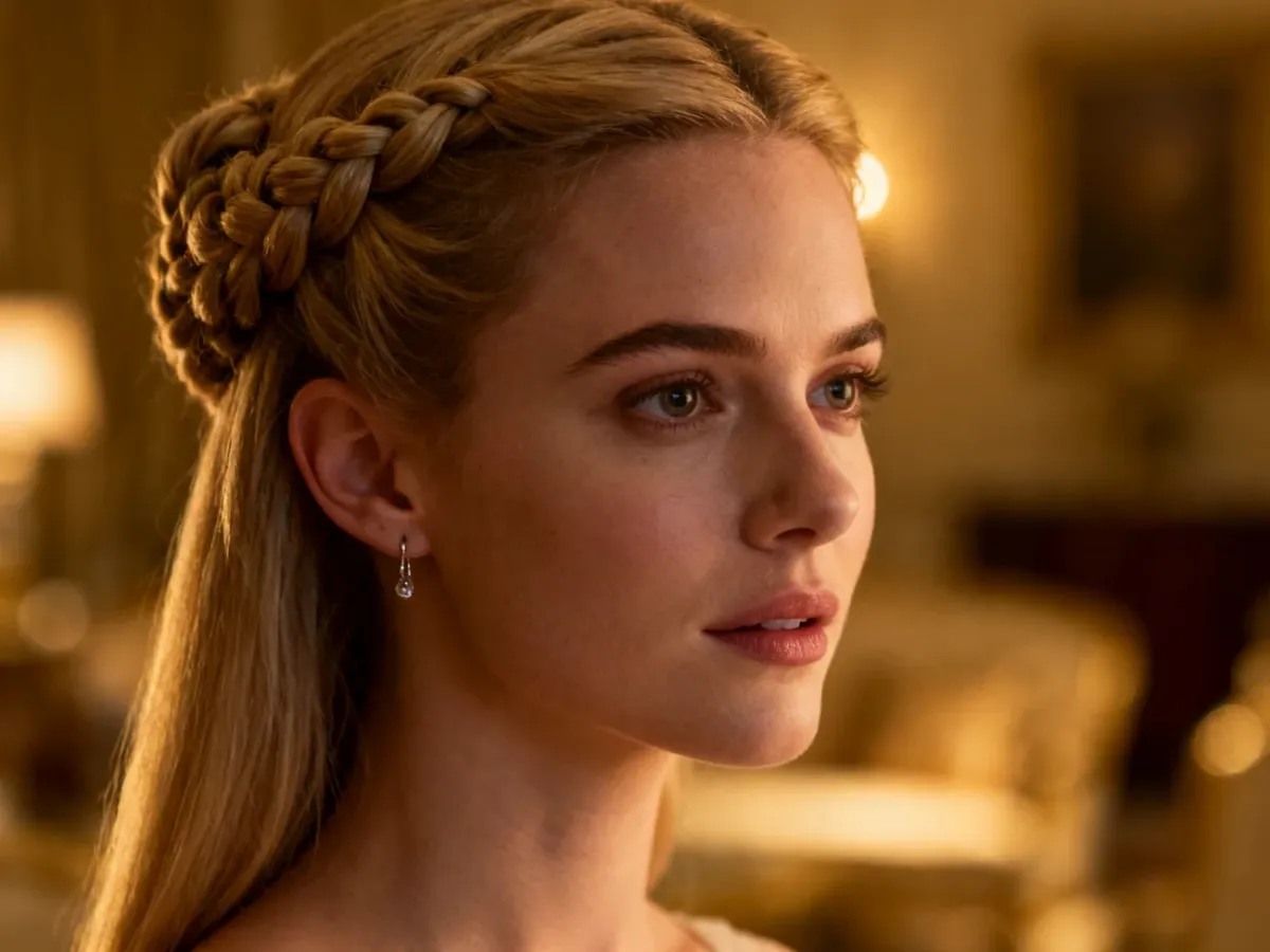 Eleganckie upięcie z warkoczem u blondynki, idealne jako inspiracja do wieczorowej fryzury.