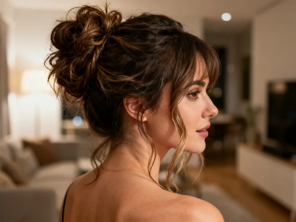 Niestaranne upięcie messy bun z luźnymi pasmami przy twarzy