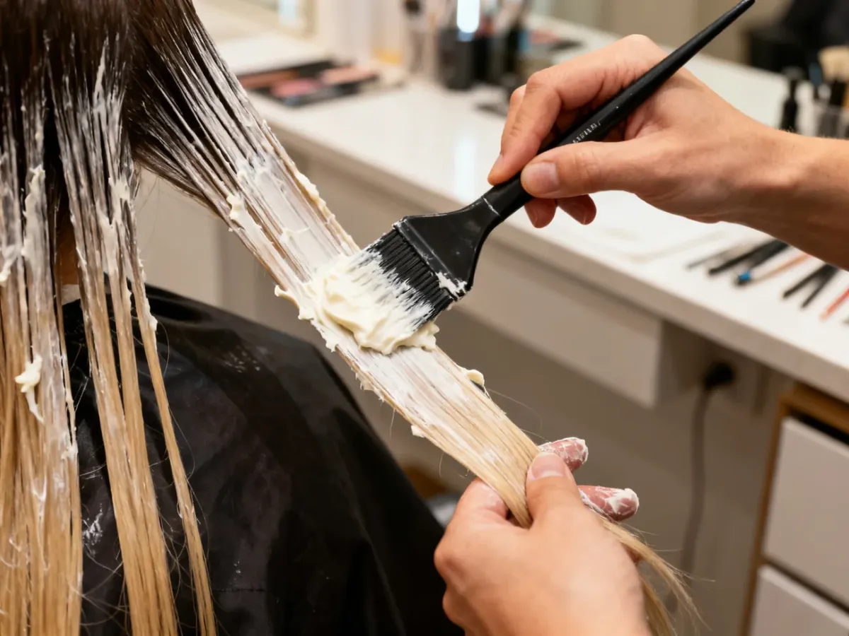 Stylist applying hair lightener to separated strands in a salon