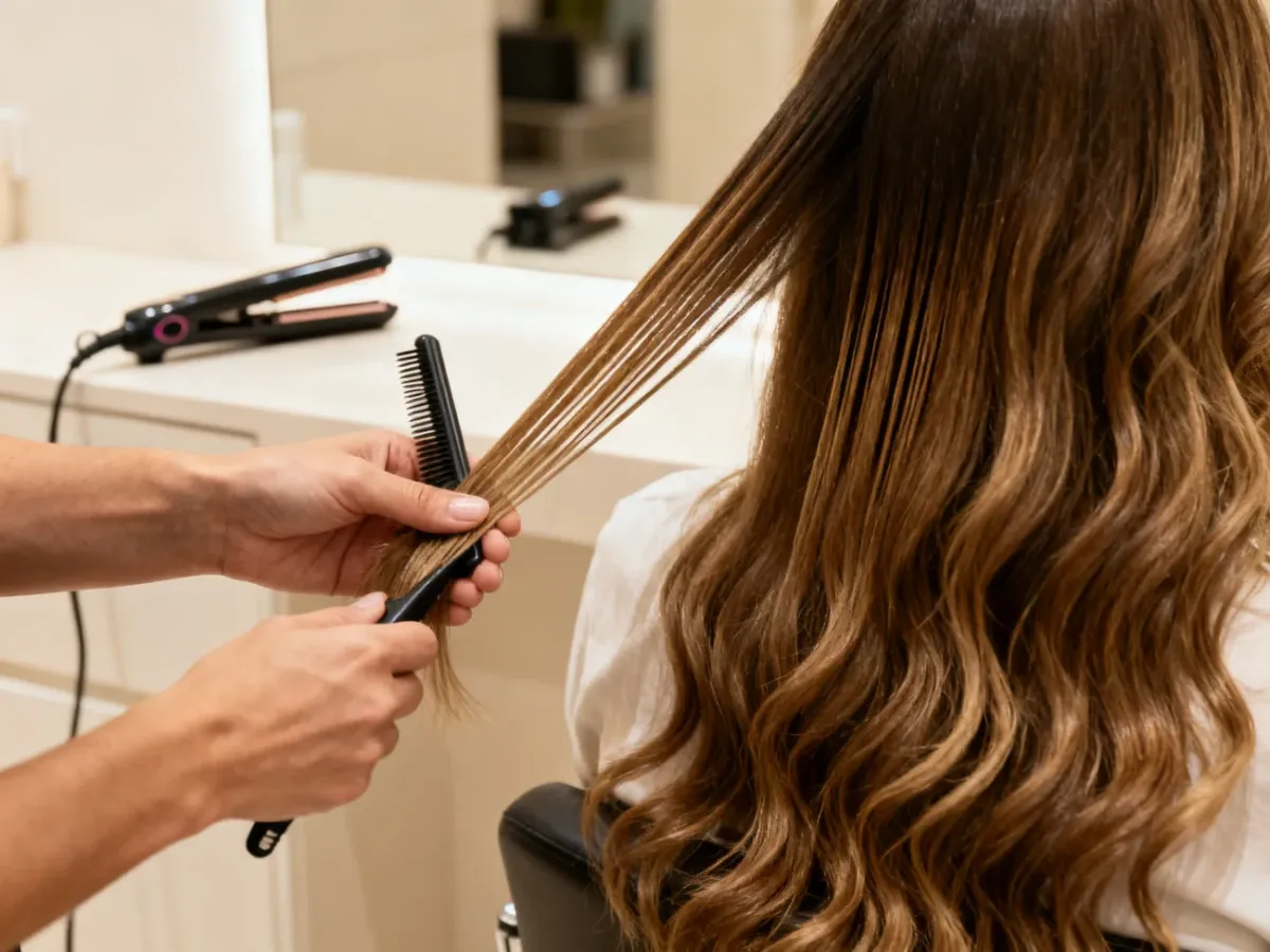Fryzjer nakładający preparat i prostujący cienkie pasma włosów w salonie