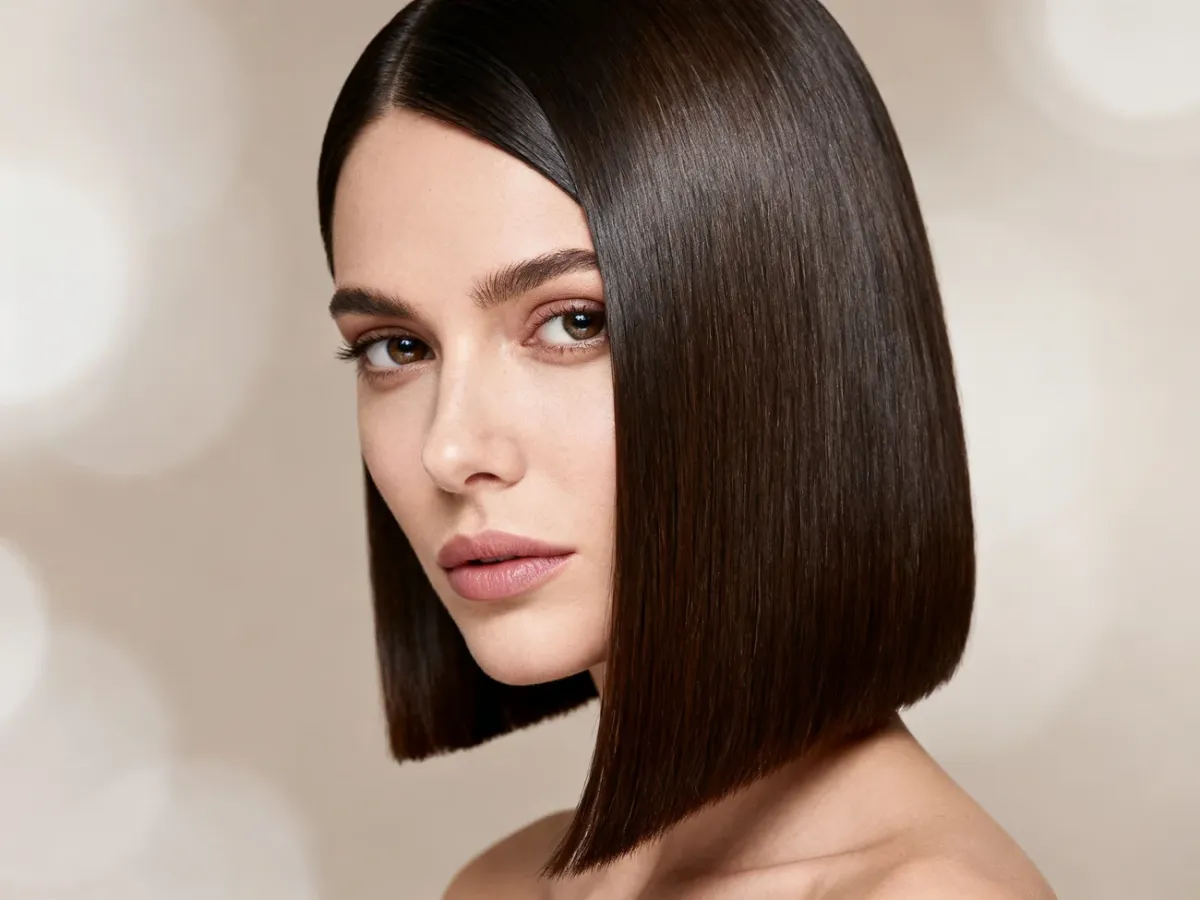 Asymmetrical bob with a longer side and side part
