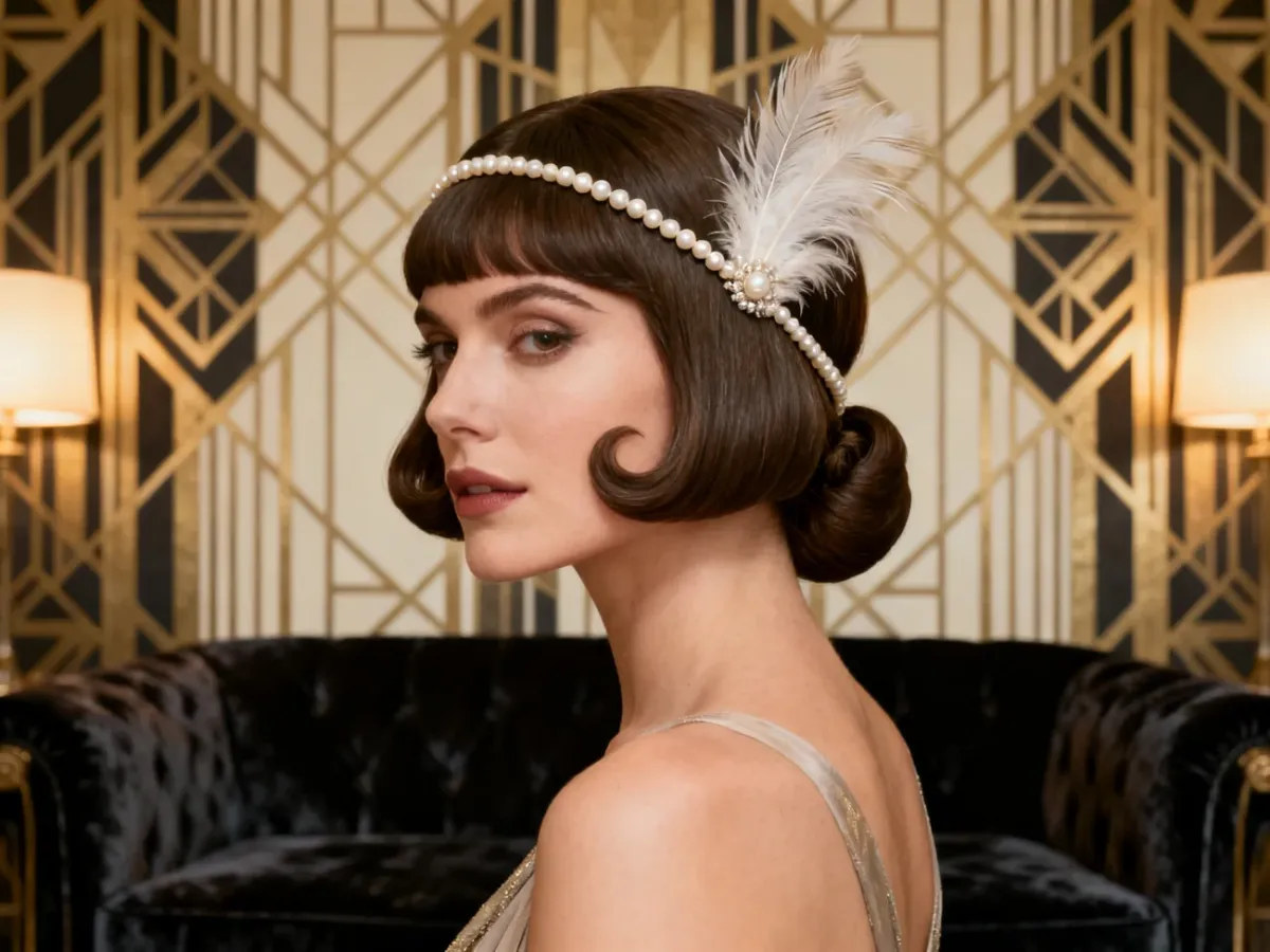 Faux bob z długich włosów ozdobiony opaską w stylu retro
