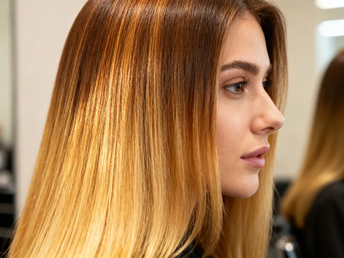 Włosy z miękkim przejściem od naturalnego brązowego odrostu do miodowych blond długości