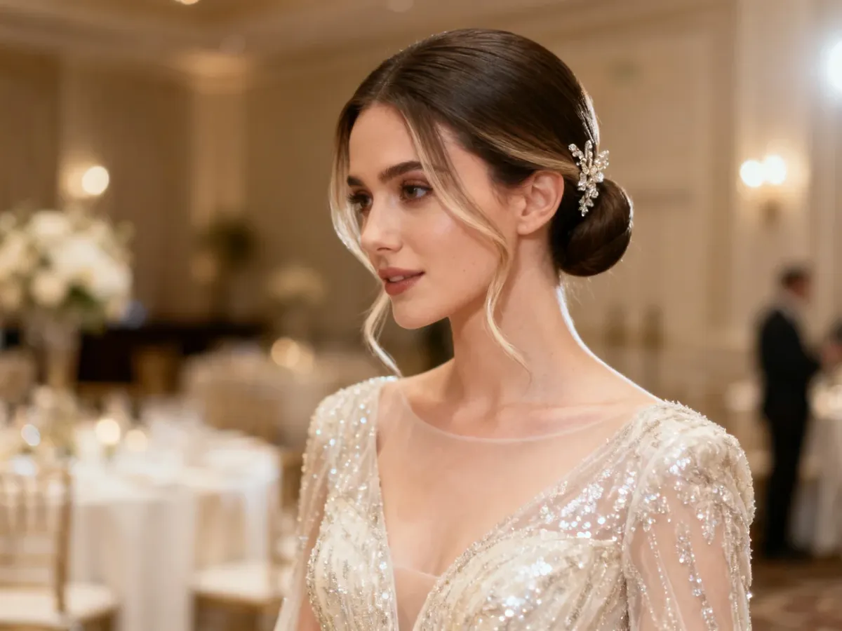 Gładki elegancki kok ślubny w stylu glamour