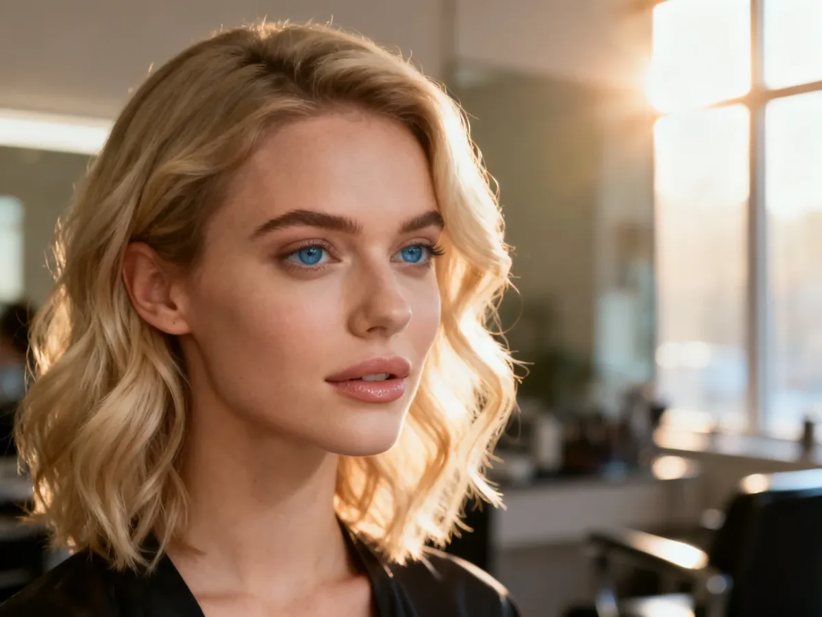 Elegancka kobieta z modną fryzurą półdługą w odcieniu jasnego blondu, prezentująca stylizację w nowoczesnym salonie.