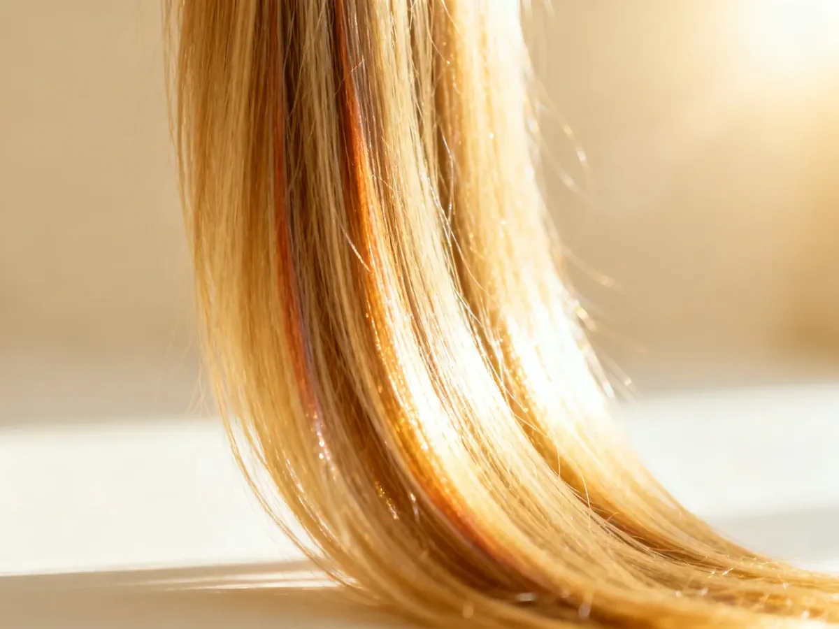 Zdrowe, lśniące blond włosy z subtelnymi refleksami w miękkim, porannym świetle, podkreślające ich teksturę i blask.