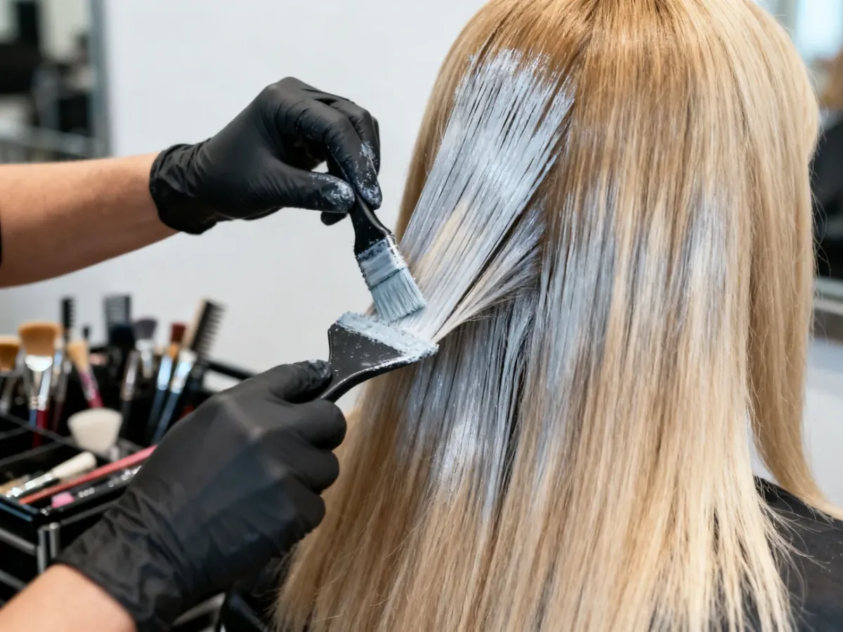 Fryzjer nakładający toner na rozjaśnione blond włosy