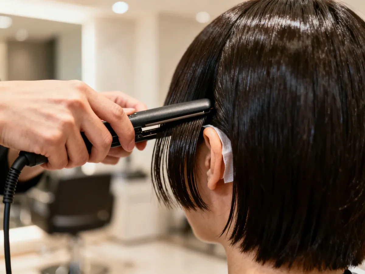Stylista prostuje krótkie włosy klientki za pomocą prostownicy