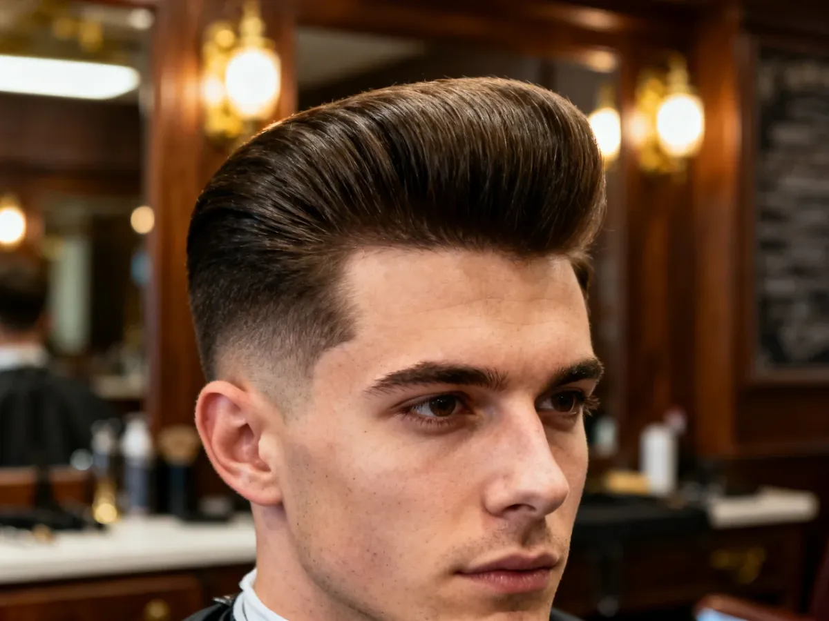 Mężczyzna z mocno uniesioną fryzurą Pompadour