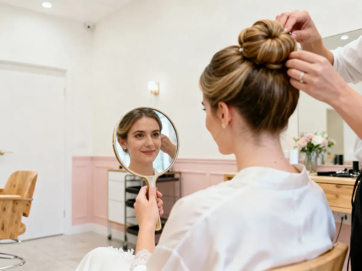 Próba fryzury ślubnej z kokiem w salonie fryzjerskim