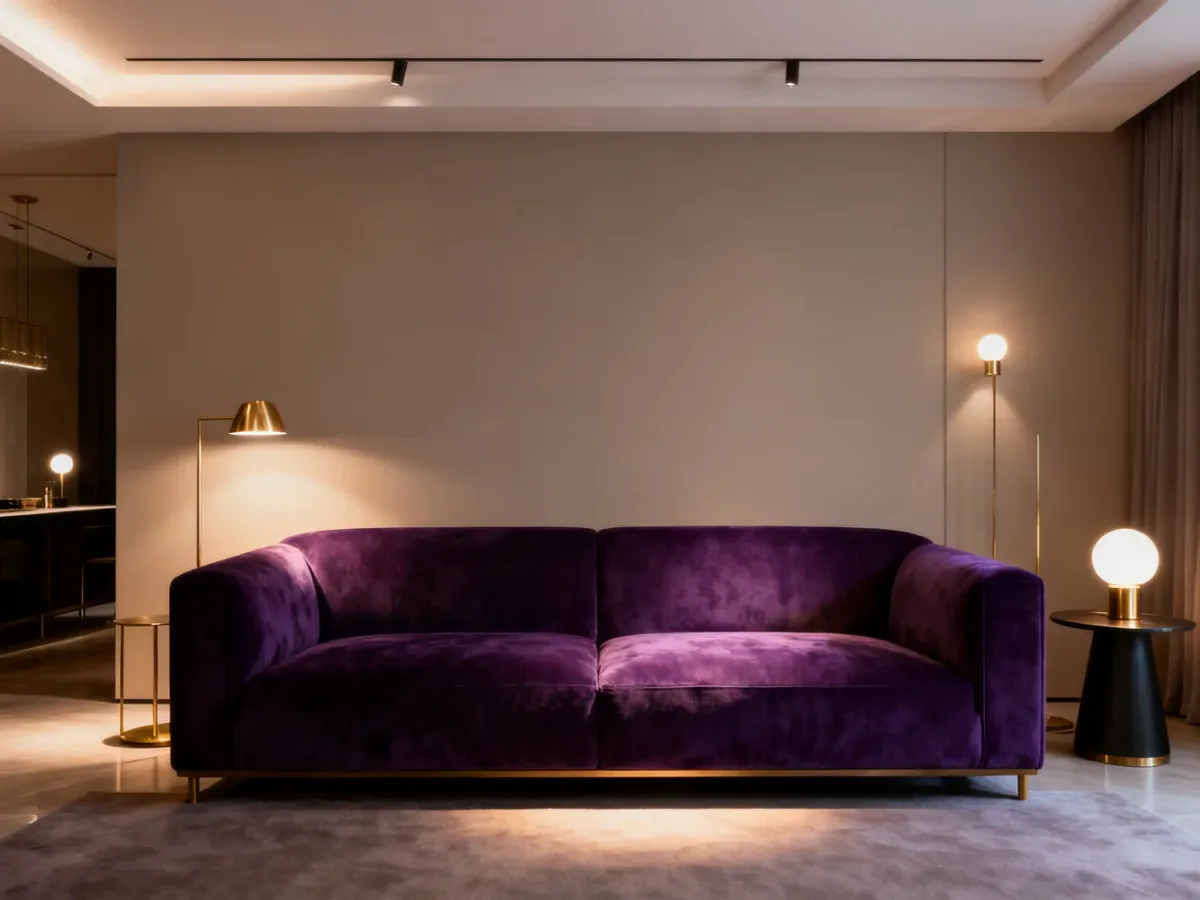 Nowoczesny salon z fioletową sofą, warstwowym oświetleniem i mosiężnymi detalami