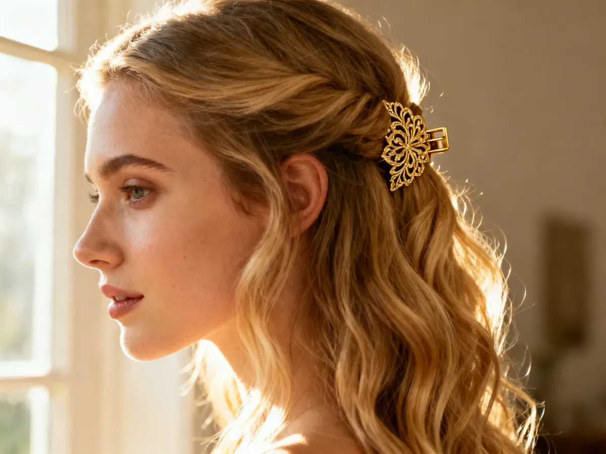 Eleganckie półupięcie z długich, falowanych blond włosów ozdobione złotą spinką w słonecznym świetle.
