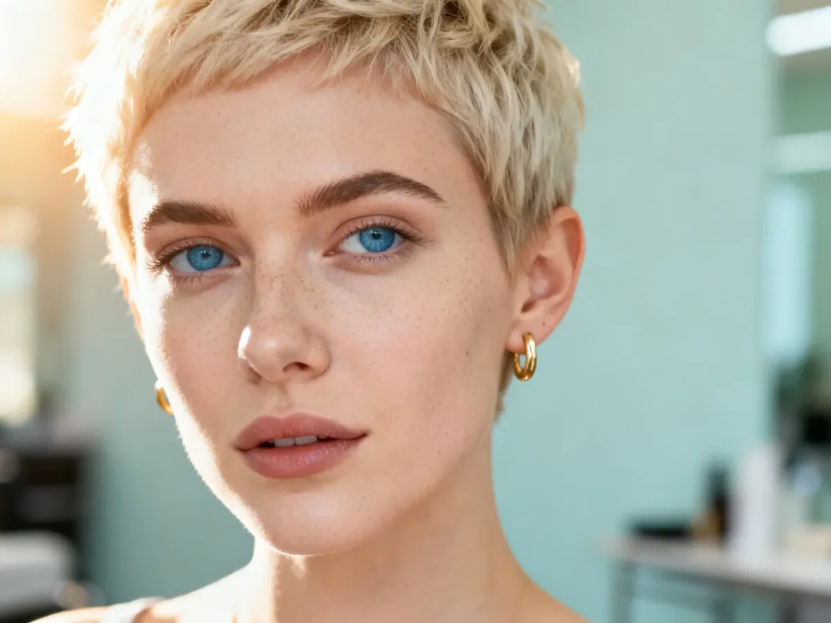 Kobieta z modną fryzurą typu pixie w odcieniu jasnego blondu, prezentująca nowoczesne i stylowe krótkie cięcie.
