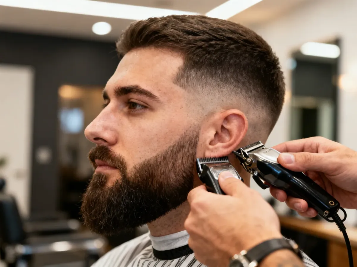 Barber łączący niski fade z cieniowanym zarostem