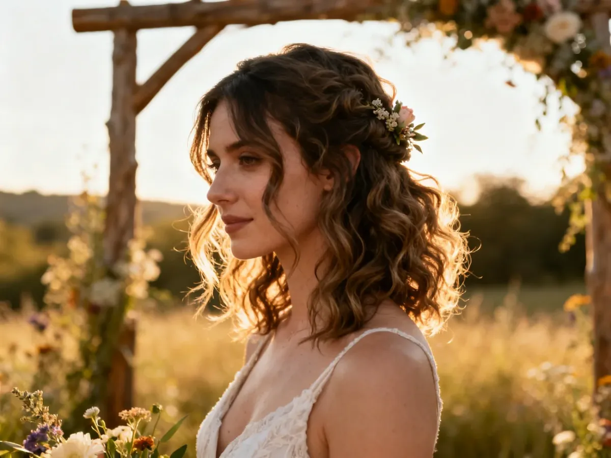 Miękkie boho loki w półupięciu z kwiatową ozdobą