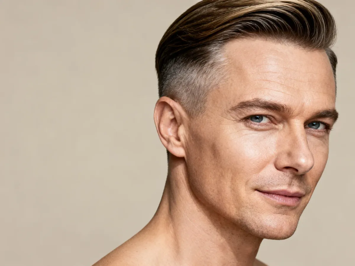 Portret Krzysztofa Rutkowskiego z nową fryzurą typu side part