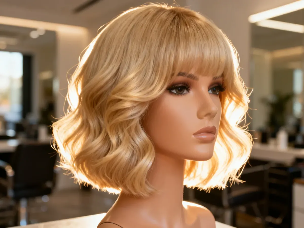 Jasny blond bob z delikatnymi falami na manekinie, prezentujący sposób na dodanie objętości cienkim i rzadkim włosom.