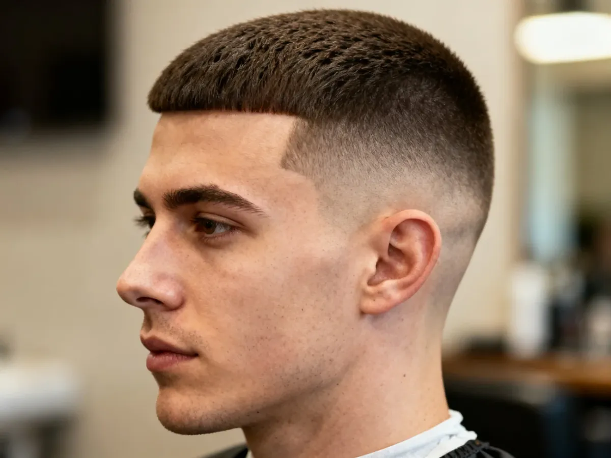 Mężczyzna z klasycznym crew cut o lekko teksturowanej górze