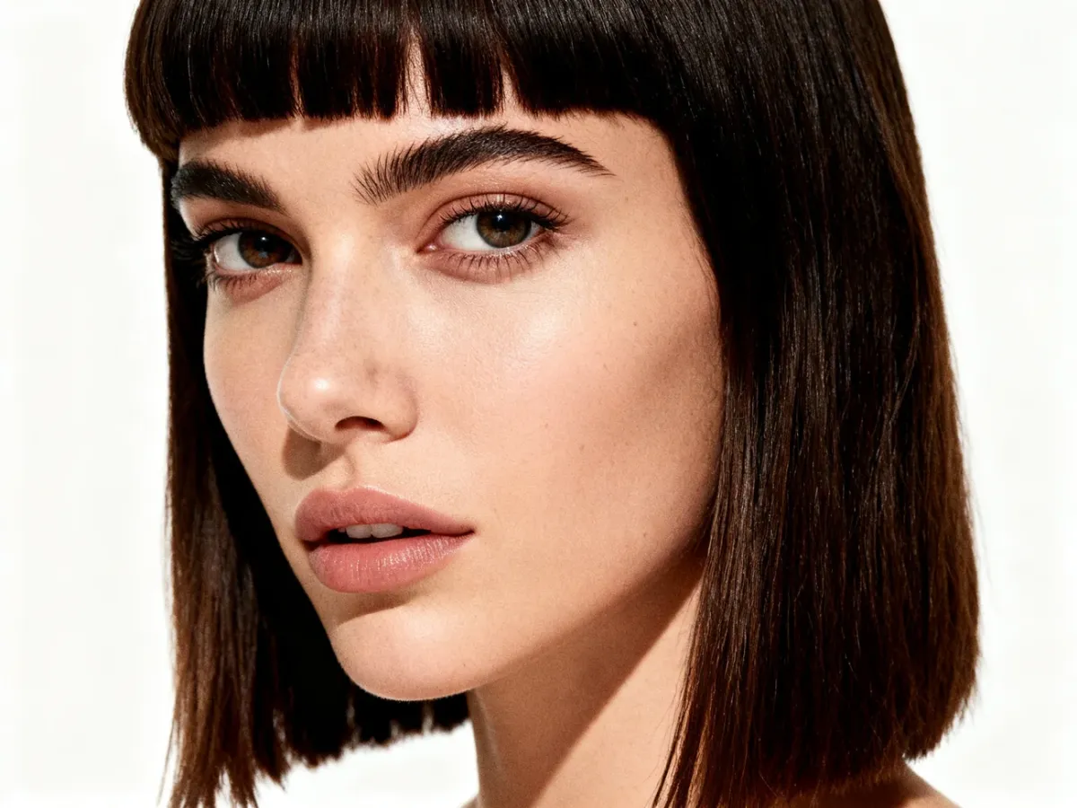 Nowoczesna fryzura do ramion z bardzo krótką grzywką micro bangs