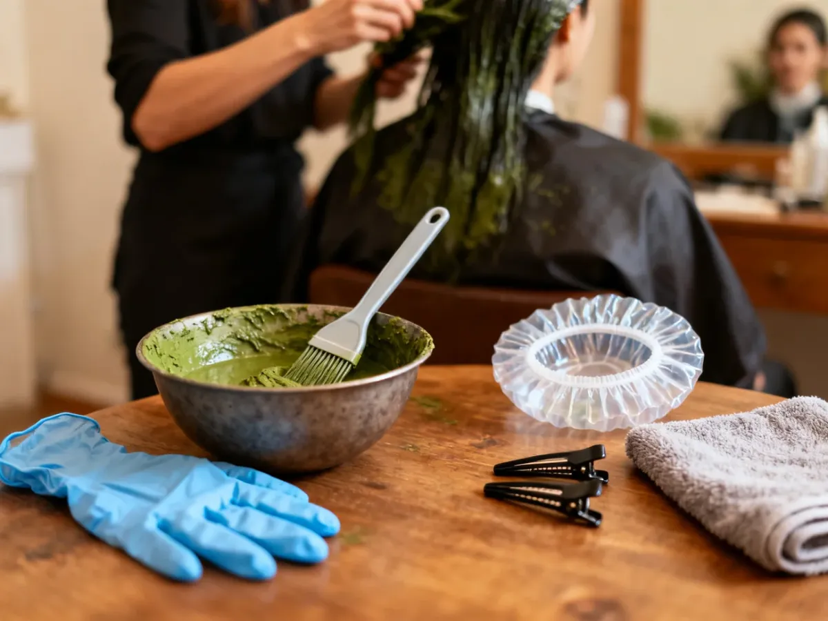 Tools and supplies prepared for home henna hair coloring