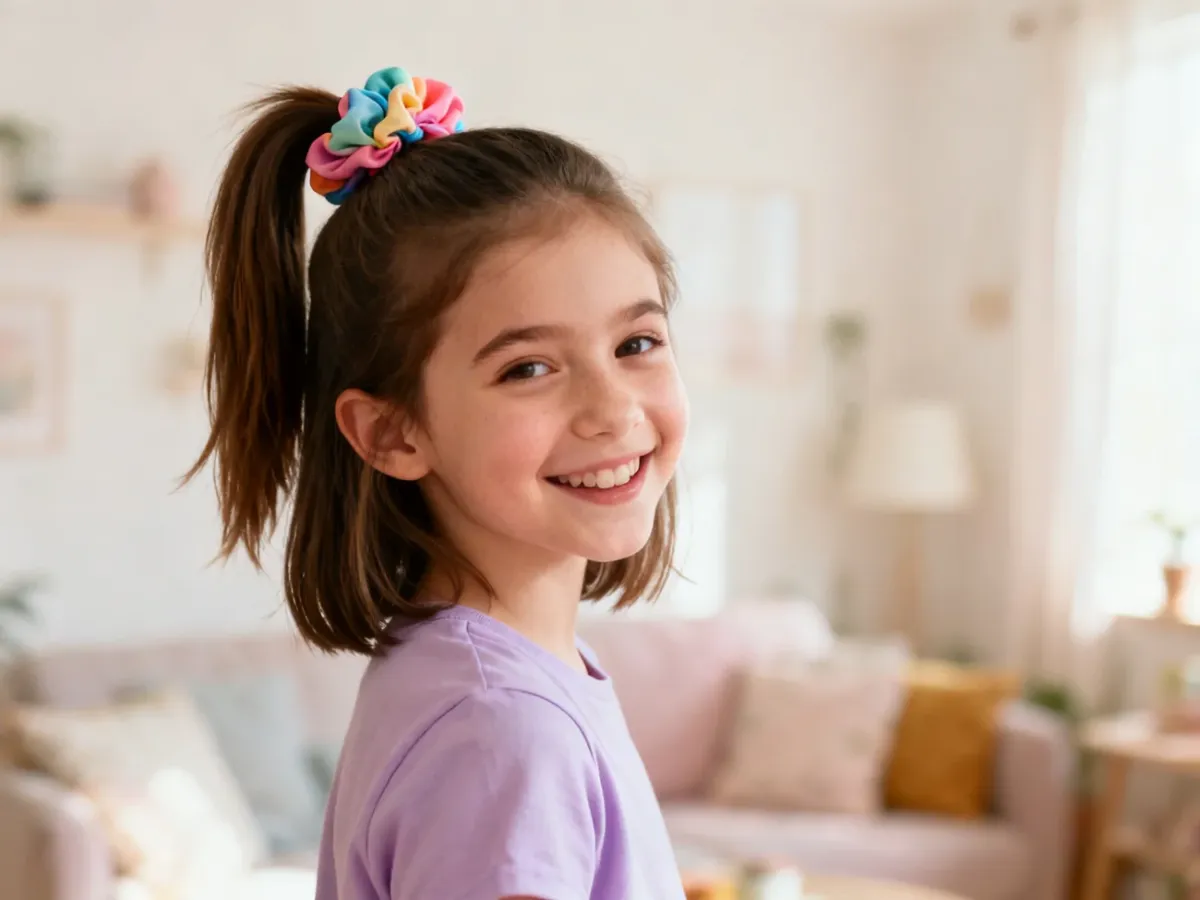 Dziewczynka z wysokim kucykiem ozdobionym scrunchie