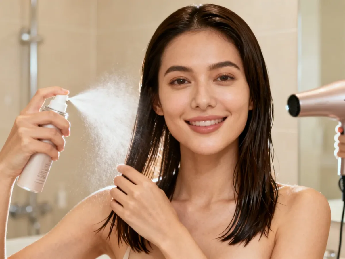A woman applying smoothing spray to damp hair before blow-drying
