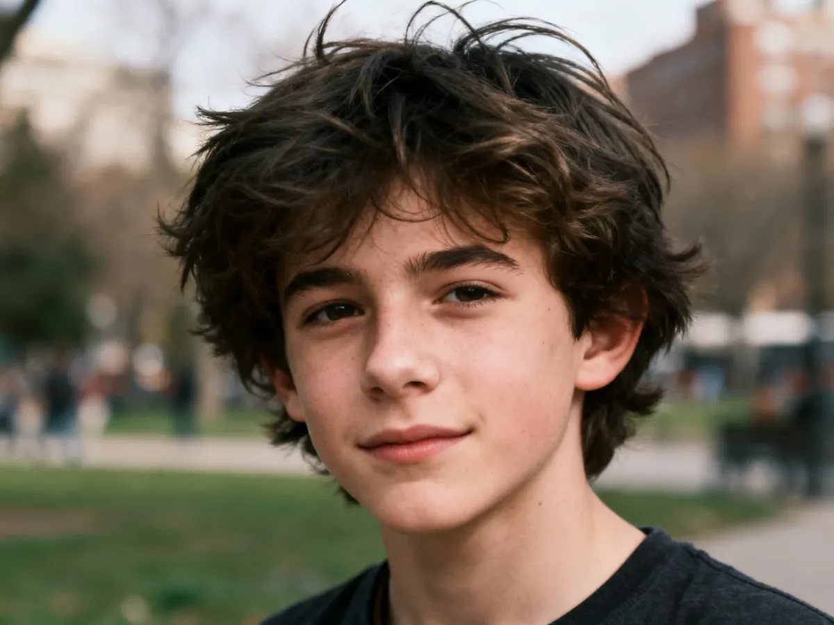 Nastolatek z gęstą, swobodnie potarganą fryzurą messy hair