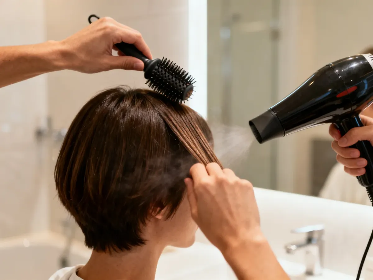 Modelowanie krótkiego pasma włosów szczotką i suszarką