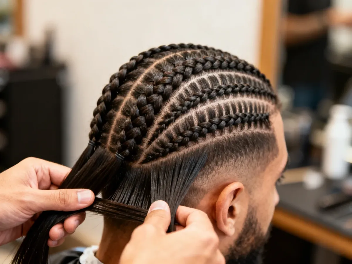 Mężczyzna podczas wykonywania równych cornrows z doczepianymi włóknami syntetycznymi