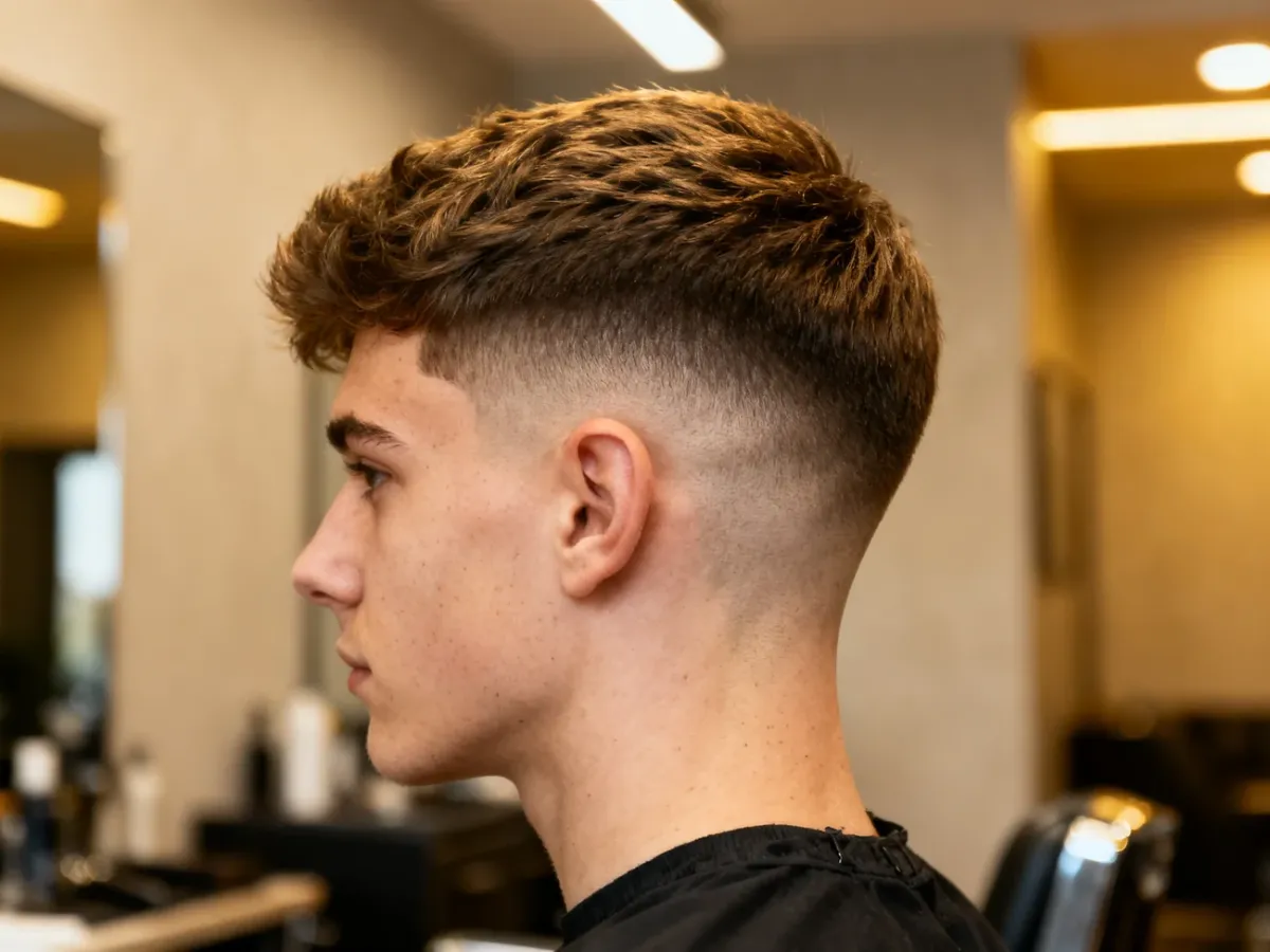 Mężczyzna z nowoczesną fryzurą mid fade i teksturowaną górą