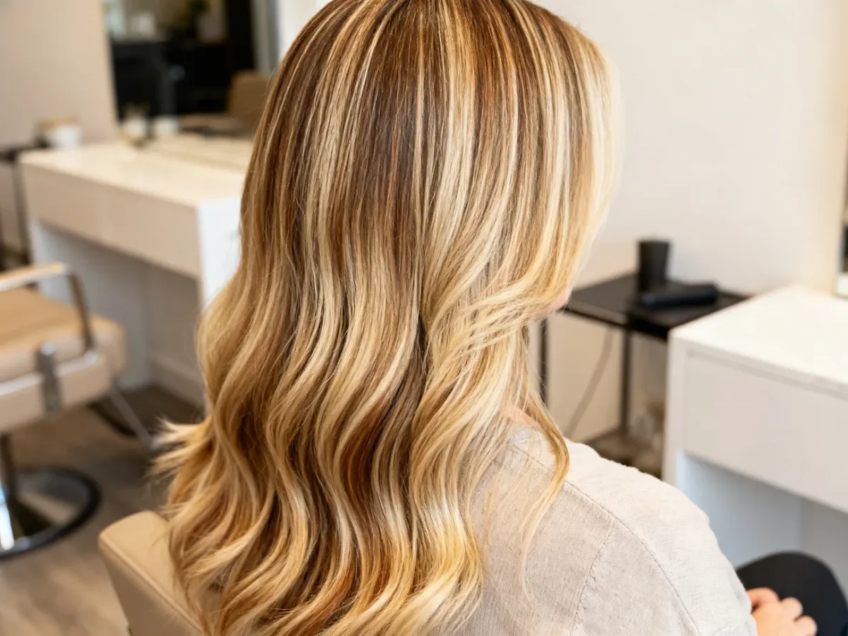 Stylist presenting modern hair highlighting techniques on dimensional blonde hair