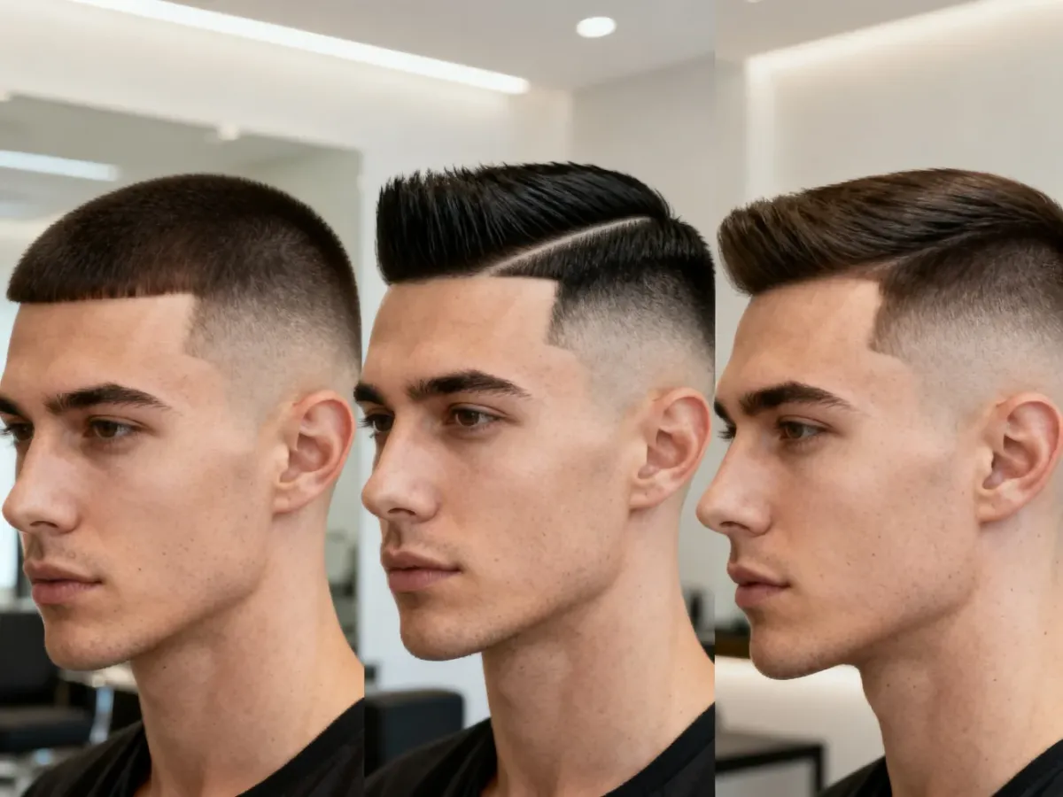 Trzy męskie fryzury przedstawiające fade, undercut i taper