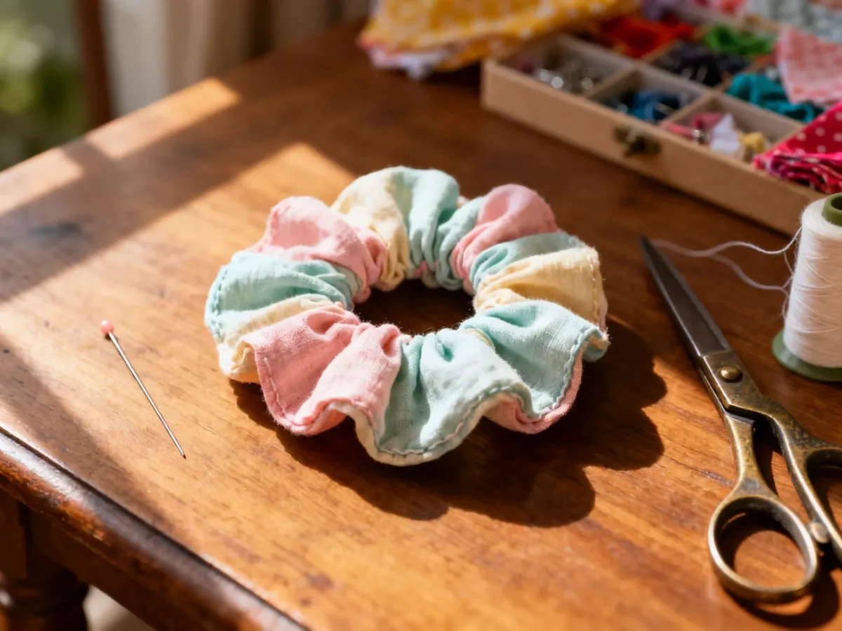 Ręcznie wykonana gumka scrunchie z pastelowej bawełny leżąca na drewnianym stole obok przyborów krawieckich.