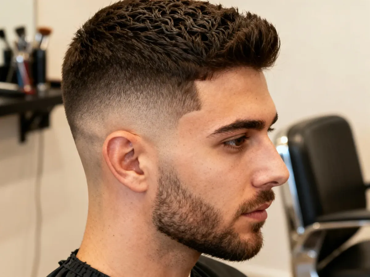 Mężczyzna z fryzurą typu fade w nowoczesnym salonie barberskim